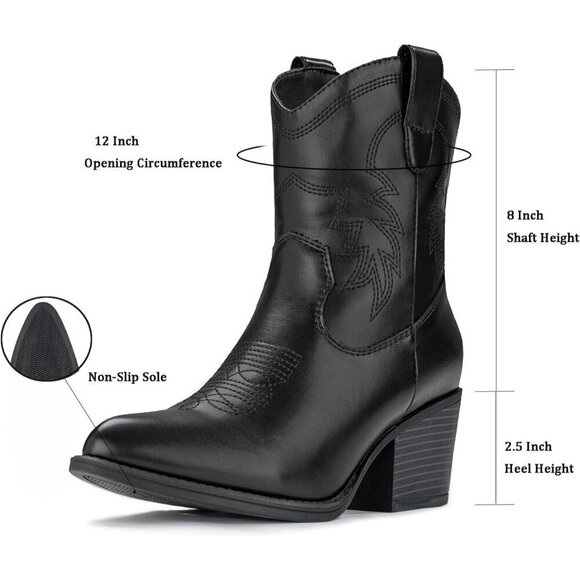 Western Boots Mid Calf Boots Short Chunky Classic Black Faux Leather For Women - Picture 4 of 9